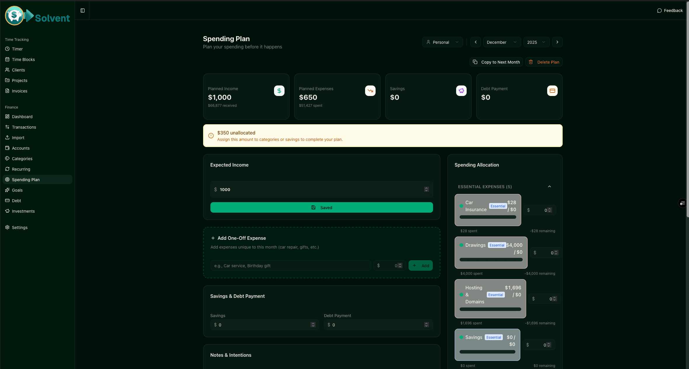 Solvent spending plan showing income allocation and category breakdown